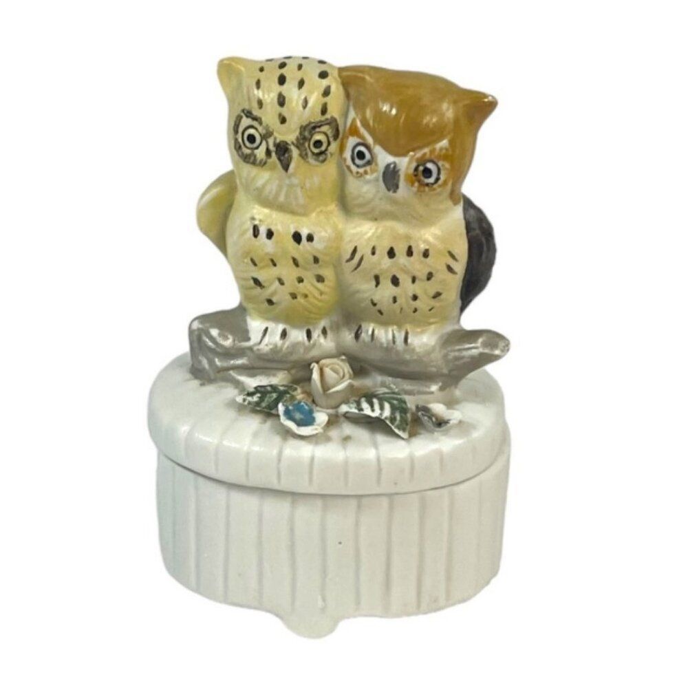Vintage Owl Couple Ceramic Trinket Box Japan Ring Holder Dresser Box 4"